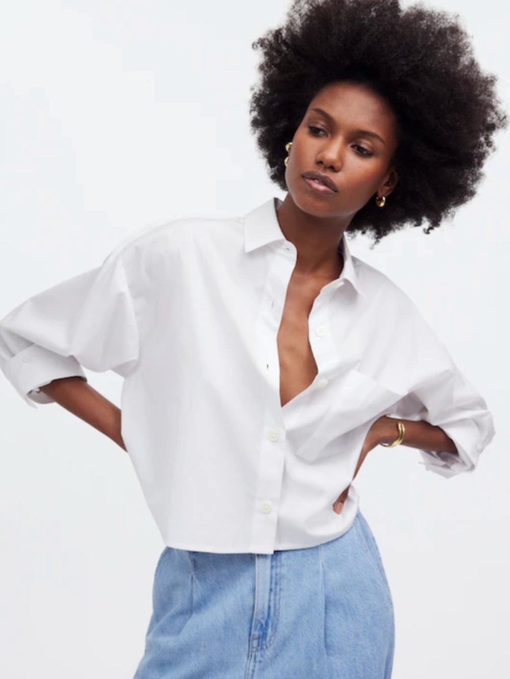 NWT Madewell Straight Hem Cropped Button Down Poplin Shirt, White, Sz M